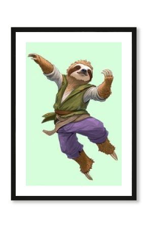 sloth rpg character with dynamic angle, pose, background 