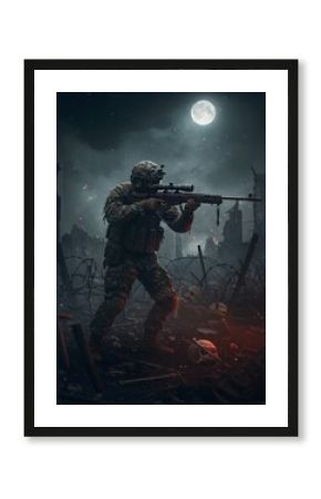 Night Sniper Soldier in War Zone Battlefield Scene