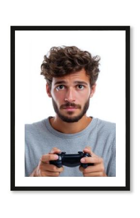 A young man playing a video game with a controller, focused expression, isolated on a pure white background. Gaming, entertainment.
