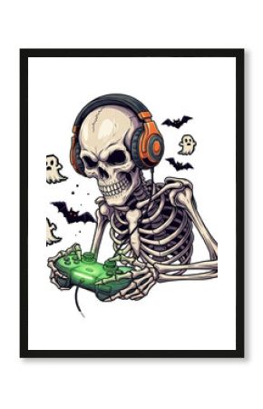 Spooky Skeleton Gamer Playing Video Games with Ghosts and Bats, Halloween Gaming Fun