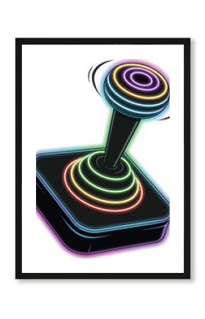 Retro arcade joystick with vibrant neon glowing rings and a spinning top on a white background