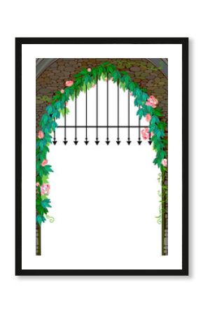 Drawing of ancient magic gates with flower arch. Entrance to the fairy tale kingdom. Fantasy background. Hand drawn vector Illustration for computer game, children's book cover, wallpaper, design.