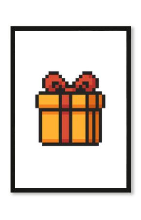 Pixel art gift box icon. Retro 8-bit gaming style present with red ribbon. Surprise bonus reward for video game. Vector for birthday, christmas, holiday celebration. Ecommerce symbol.