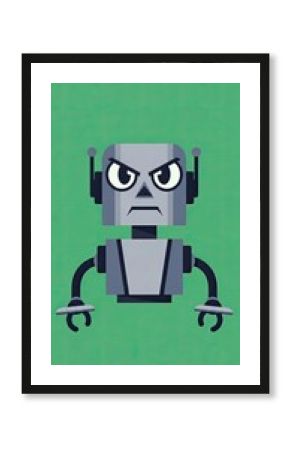 Pixelated Retro Robot with an Angry Expression and Antennae Against a Textured Green Background Evoking a Vintage Computer Game Vibe and Sci-Fi Theme