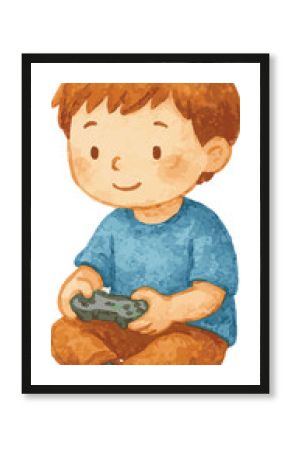 Watercolor vector illustration of a child playing a videogame