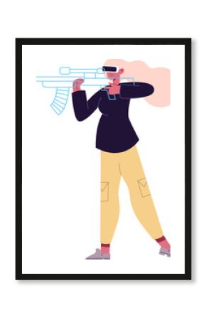 Woman playing virtual reality shooting video game