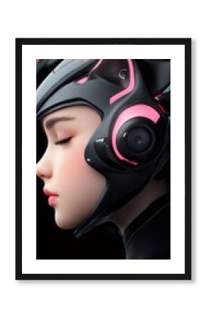 Gamer girl wearing futuristic cat-shaped black and pink gaming helmet
