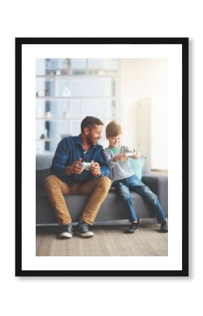 Happy, man and child with video game on sofa at home for entertainment, bonding and fun competition. Family, father and son with controller in lounge for support, love and learning esports on weekend