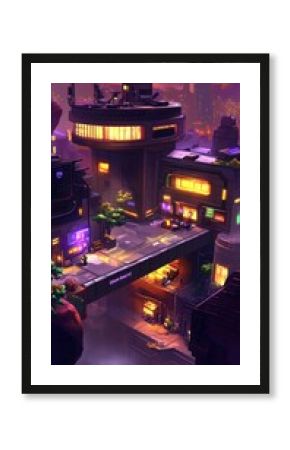 A futuristic cityscape with glowing neon lights, a bridge, and a crescent moon in the sky.