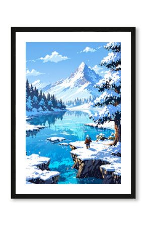 Pixelated 8-bit style snowy mountain background with icy platforms, snow-covered trees, and frozen lakes, game asset