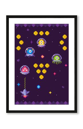 Pixel art style depicts vibrant alien creatures and a spacecraft in space. Ideal for video games, science fiction themes, arcade games, nostalgia, and digital art. Engaging elements include stars