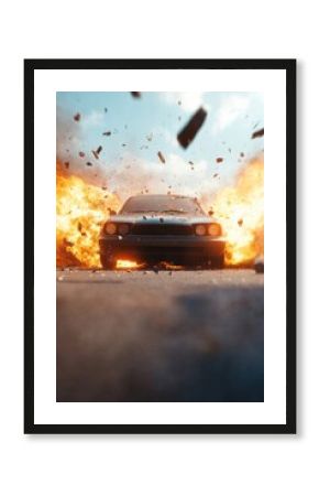 Dramatic explosion with car in the foreground