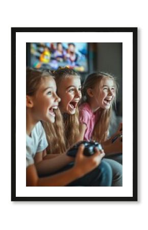 Exuberant young friends share hilarious moment during immersive videogame session on couch,.