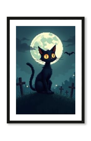 Pixel art illustration of A black cat with large eyes sits on a grassy hill in a graveyard with a full moon behind it