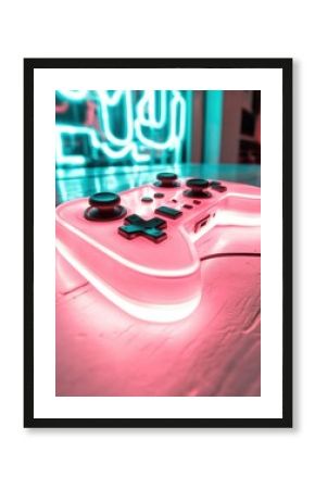 A neon pink controller sits on a table