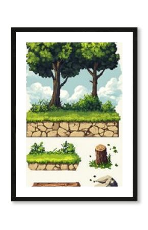 Pixel art environment elements.  Nature, trees, grass, rocks, and logs.  Game assets.