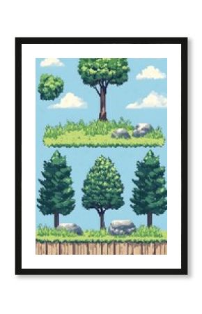 Pixel Art Landscape Elements, Trees, Grass, Rocks, Clouds