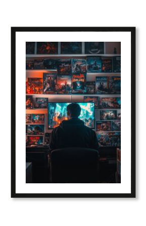 Passionate gamer immersed in an extensive collection of video games at home in a cozy gaming setup