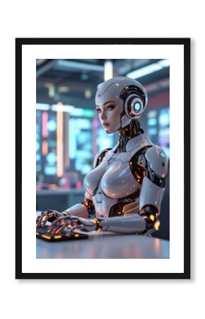 Futuristic Female Robot with Metallic Skin in Neon-lit Office Holding Computer Mouse
