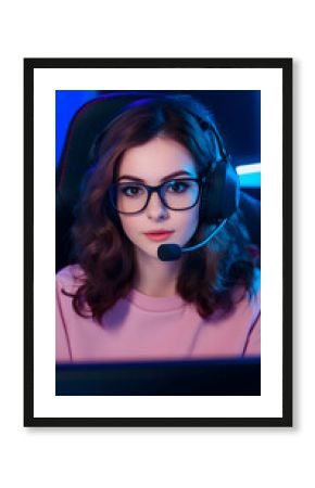 Focused Female Gamer Wears Headset and Glasses While Gaming Intensely in a Dark Room with Neon Lights.