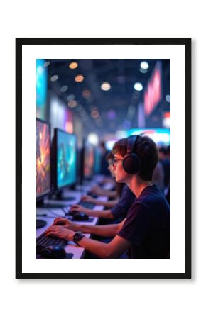 Gamer immersed in video game at tech convention. Focused teenager plays computer game with headphones. Colorful neon lights vibrant display. Many people around enjoying tech convention. Modern gaming