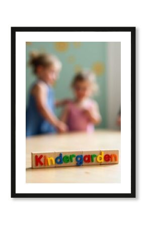 Kindergarten wooden blocks spelling education on table with playing children