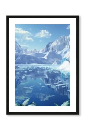 ice-covered lake snow mountains floating icebergs palm trees clear sky video game scene