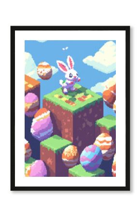 A retro pixel-art Easter Bunny inside an 8-bit video game, hopping across platforms made of giant candy Easter eggs.
