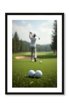 Golfer playing on beautiful golf course with golf balls in foreground