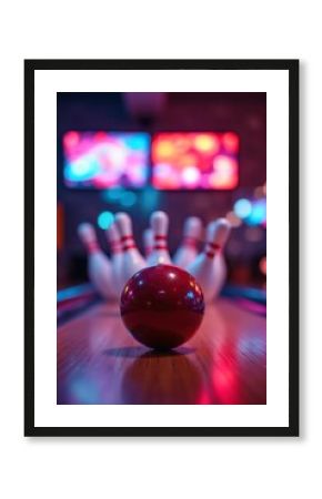 Bowling ball rolling towards pins on bowling alley lane with colorful blurred background