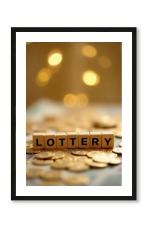 Lottery wooden cubes resting on golden coins and banknotes with bokeh background