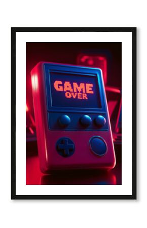 Retro portable gaming console displaying game over in neon light