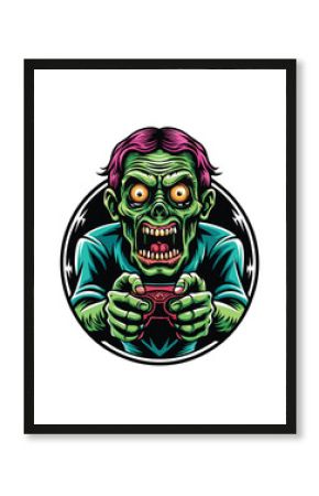A decaying zombie, clutching a gamepad, intensely focused on a vibrant video game screen.  Its tattered clothes and exposed flesh contrast sharply with the modern gaming setup.