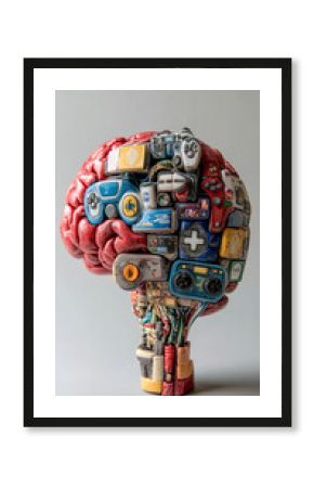 Human brain integrated with gaming buttons and joysticks illustrating the impact of excessive gaming on mental rewiring