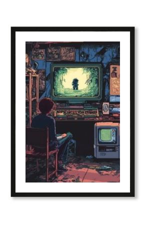 Pixel Art Teenager Gaming on Retro PC with Forest Landscape on Screen