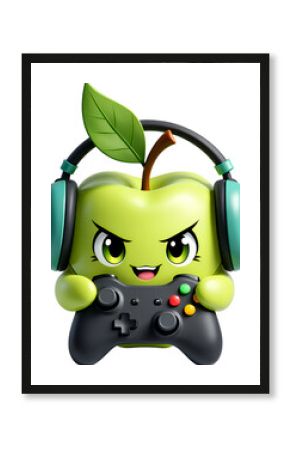 Green Apple Gamer with Headphones, transparent background. Cartoon, joystick.