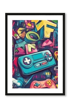 Bright and colorful illustration featuring different game controllers and art
