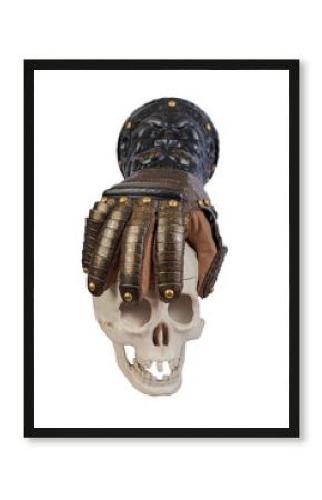 Medieval knightly brown plate gauntlet from Italian armor, in the form of a lion's face and mane, period of the 16th century, on a light background.