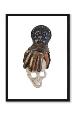 Medieval knightly brown plate gauntlet from Italian armor, in the form of a lion's face and mane, period of the 16th century, on a light background.