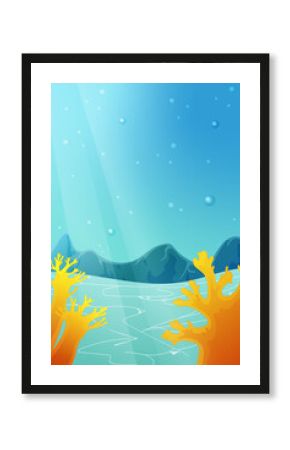 Undersea vector vertical background art with corals, sand, bubbles, sea mountains for casual game, wallpaper, children book, print.