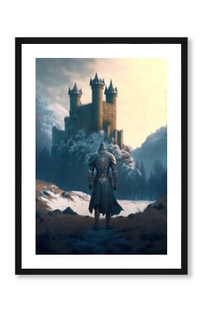 Standing knight and winter landscape with castle. Postproducted generative AI digital illustration.