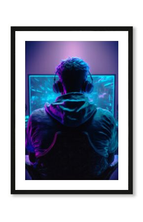Gamer playing video games in a futuristic interior. Back view of a man sitting in front of a modern monitor. Colorful blue and purple lights. Generative ai