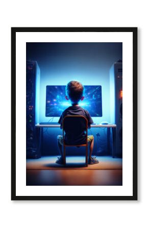 Kid playing video games in his room. Back view of a child sitting in front of a monitor. Colorful blue lights and cartoon style. Generative ai