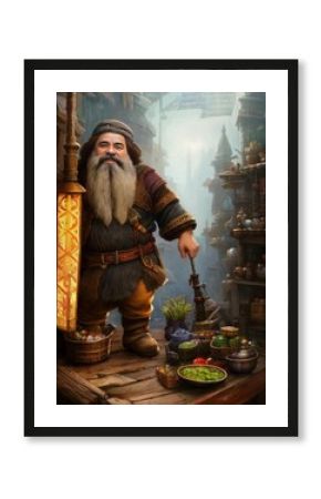 Dwarf merchant in a general store. Fantasy. Generative AI. 