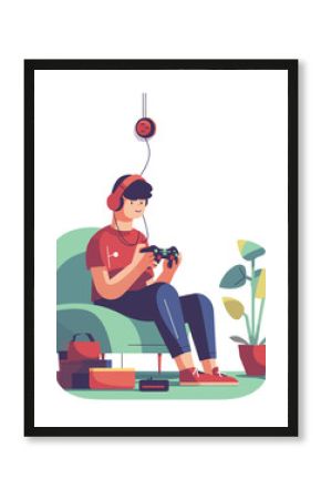 Flat color vector illustration of teen boy playing video game