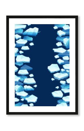 Atlantic, antarctic floes, glaciers and icebergs floating on surface. Isolated masses of cracked ice. Global warming, climate change. Frozen blue water. Seamless background for computer game.