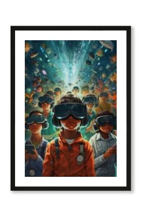 Children wearing virtual reality headsets immersed in a digital world. The impact of technology and imagination. Generative AI.
