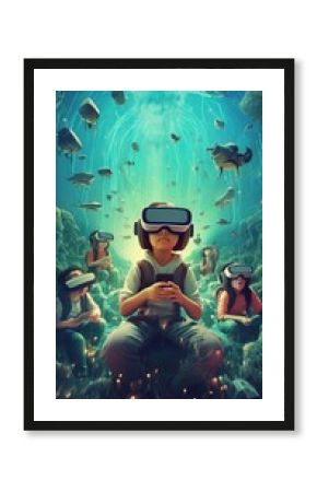 Children wearing virtual reality headsets immersed in a digital world. The impact of technology and imagination. Generative AI.