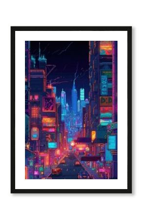 A retro video game pixelart city at night with sci-fi features. (Generative AI)