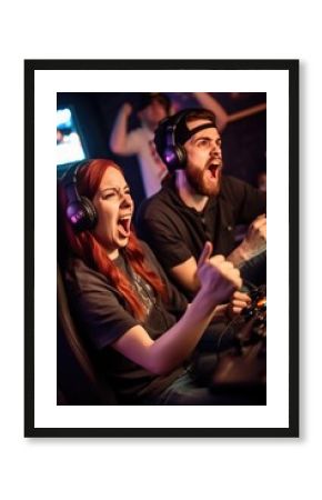shot of a young woman cheering while her male friend plays video games in a competitive tournament